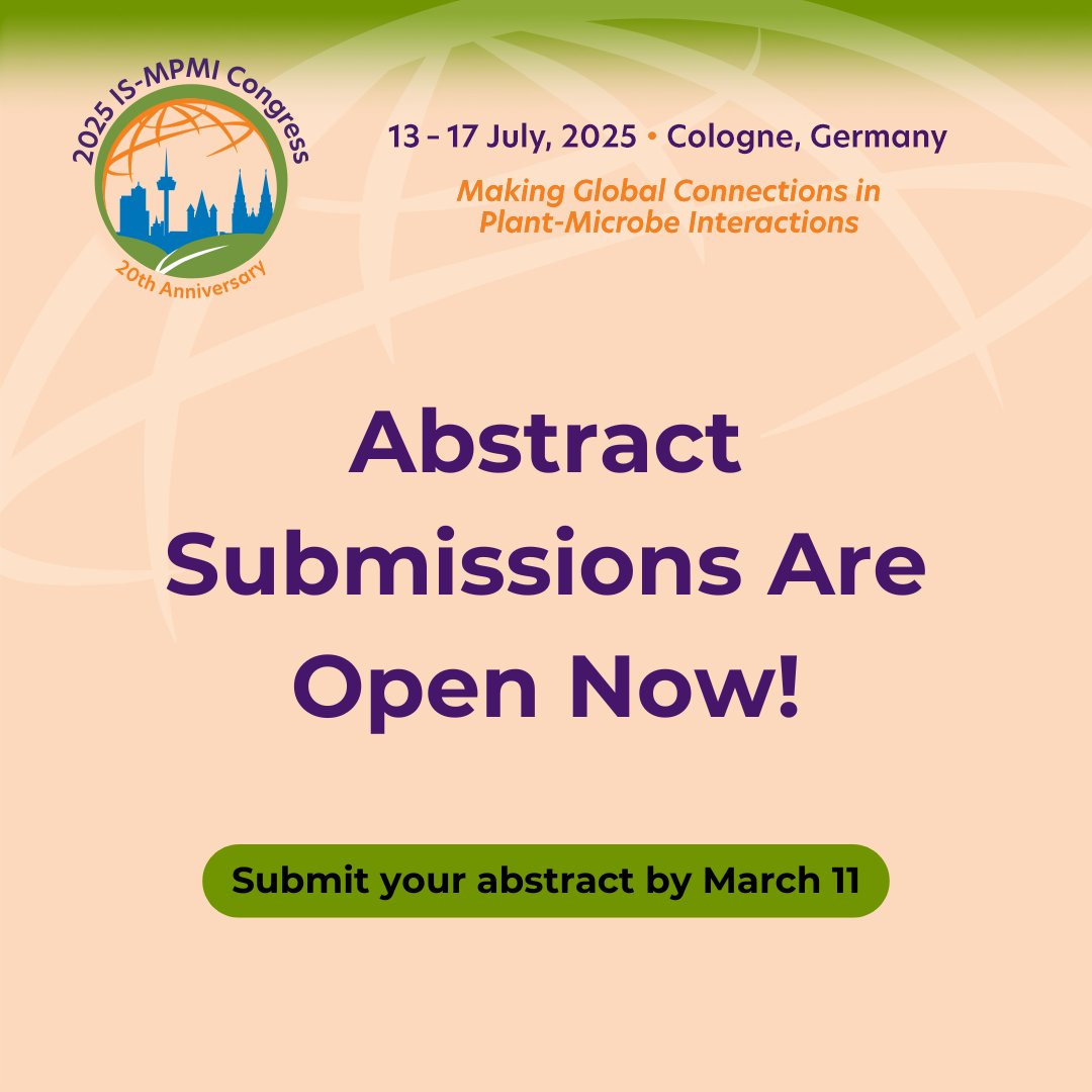 ISMPMI's tweet image. Abstract submissions are currently open for the #2025ISMPMI Congress! This is your opportunity to showcase groundbreaking research to a global audience in Cologne, Germany in July.
Start submission: bit.ly/4hJSDIl
#PlantMicrobeScience #PlantBiology #PlantScience