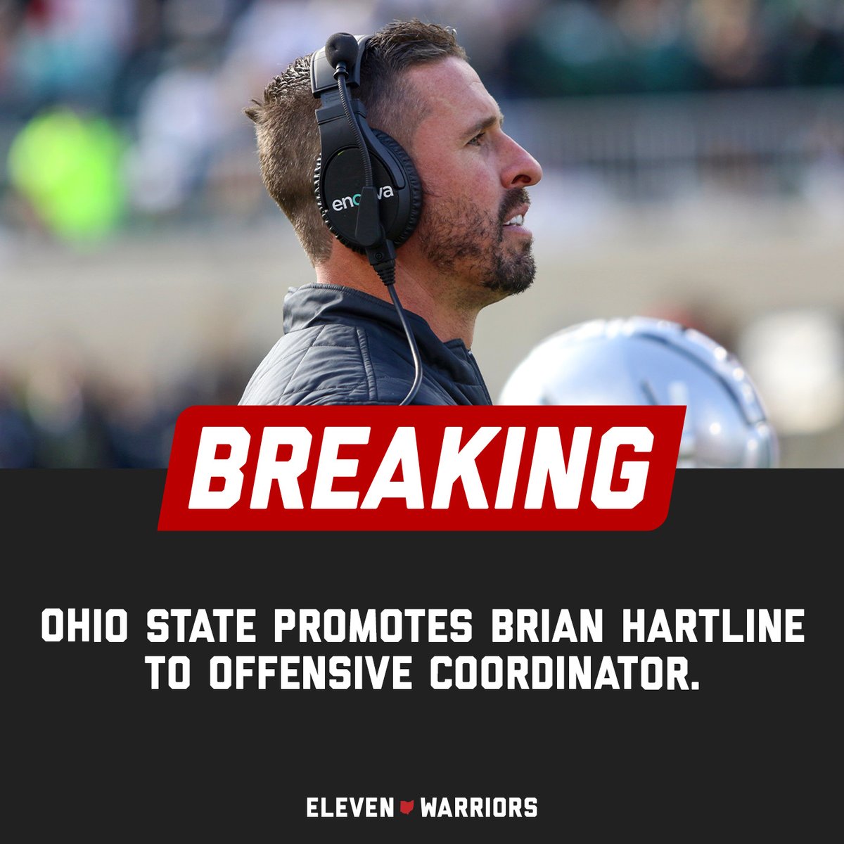 Ohio State is promoting wide receivers coach Brian Hartline to offensive coordinator to replace Chip Kelly. elevenwarriors.com/ohio-state-foo…