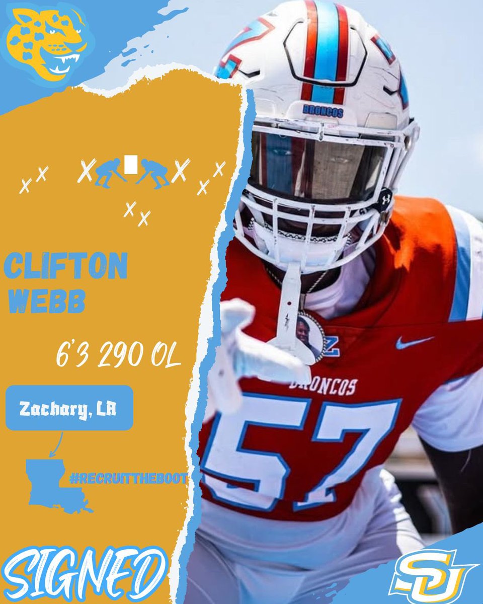 SU Recruiting Spotlight (@recruit4su) on Twitter photo Class of 2025 6’3” 292lbs OL Clifton “CJ” Webb Jr. from Zachary High School (Zachary, LA) has officially signed to #SouthernUniversity <a href="/CliftonWebbJr1/">Clifton “CJ”Webb, JR</a>
#GeauxJags #RecruitTheBoot #StayingHome Class of 2025 6’3” 292lbs OL Clifton “CJ” Webb Jr. from Zachary High School (Zachary, LA) has officially signed to #SouthernUniversity <a href="/CliftonWebbJr1/">Clifton “CJ”Webb, JR</a>
#GeauxJags #RecruitTheBoot #StayingHome