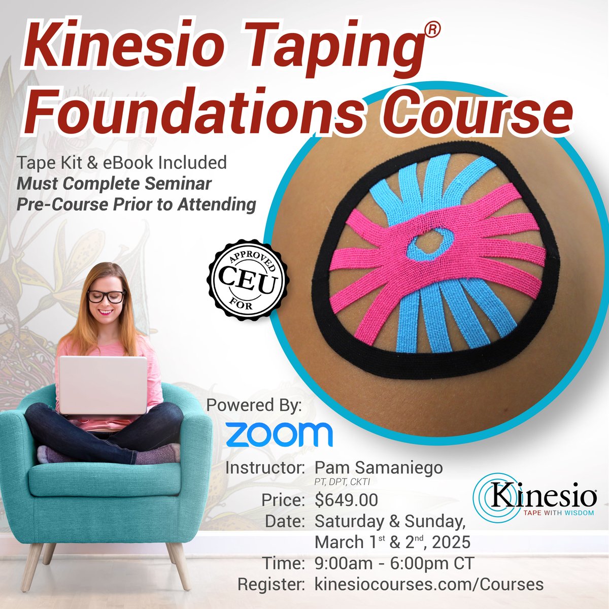 🚨 Limited spots! 🚨
Take your buisness to the next level with Kinesio Taping®! 
✅ Impress clients
✅ Teach the magic of Kinesio Tape
✅ Boost your résumé
✅ Expand your practice
Register NOW and level up your career!
#PainRelief #Education #KinesioTape #TapeWithWisdom
