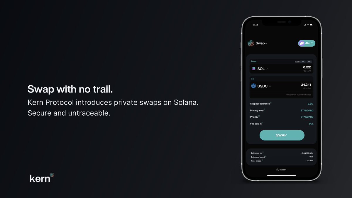 KernProtocol's tweet image. Privacy meets swaps.

With the Kern Protocol, you&apos;ll be able to swap assets on Solana without leaving a trail.

Secure, untraceable, and fast.