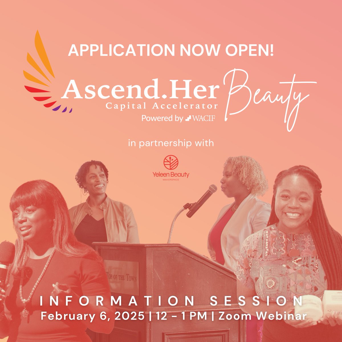 Register for the Ascend.Her Beauty 2025 Cohort, powered by WACIF and developed in partnership with Rahama Wright of Yeleen Beauty Makerspace. 

Register Here: share.hsforms.com/1TCX4JNtDQ9a1u… 
Information Session Registration: 
eventbrite.com/e/ascendher-be…