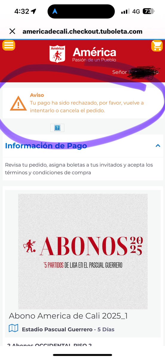 pablomprietot's tweet photo. @AmericadeCali No sé qué pasa pero uno queriendo abonarse @AmericadeCali pero tu boleta rechazando todas las tarjetas.  He probado con 4 diferentes y para todas aparece el mismo rechazo. https://t.co/QbOMk2LPHk