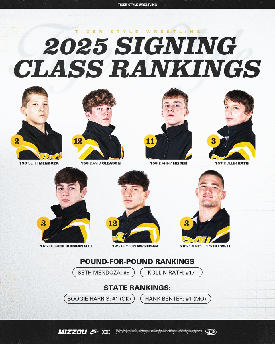 MizzouWrestling's tweet photo. Adding fuel to the fire 🔥

The incoming freshmen class is stacked!

#TigerStyle https://t.co/vbbnpQQzFm