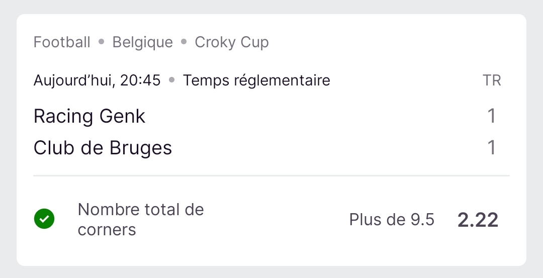 #CrockyCup 🇧🇪

•  Plus de 9.5 Corners @𝟮.𝟮𝟮 ✅