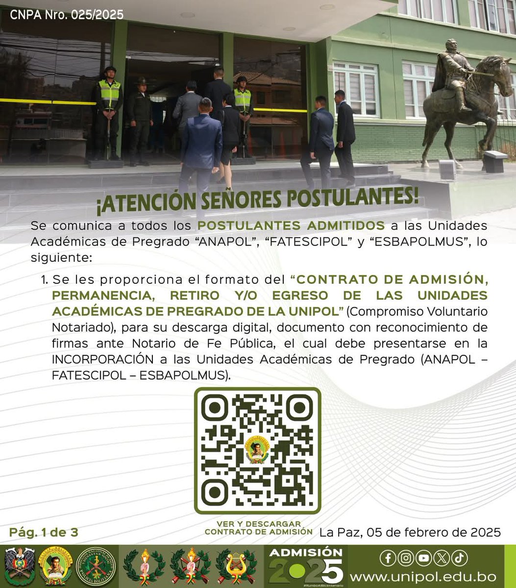 unipol_polbol's tweet photo. #Admisión2025
#ANAPOL #FATESCIPOL #ESBAPOLMUS
¡𝘼𝙏𝙀𝙉𝘾𝙄Ó𝙉 𝙎𝙀Ñ𝙊𝙍𝙀𝙎 𝙋𝙊𝙎𝙏𝙐𝙇𝘼𝙉𝙏𝙀𝙎!

COMUNICADO CNPA - 0025/2025 
ℹ️ Tomar muy en cuenta la siguiente información, con referencia a: ASPECTOS VARIOS PARA LA INCORPORACIÓN DE POSTULANTES ADMITIDOS 2025. https://t.co/2gx0j41zgn