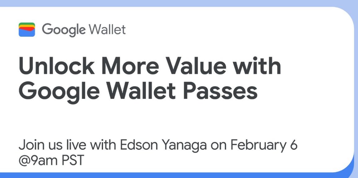 🚀 Maximize user engagement with Google Wallet.

Explore Value Added Opportunities to give users convenient access to offers, upgrades, and info from their saved passes.

Join the livestream tomorrow → goo.gle/3WPOLgW