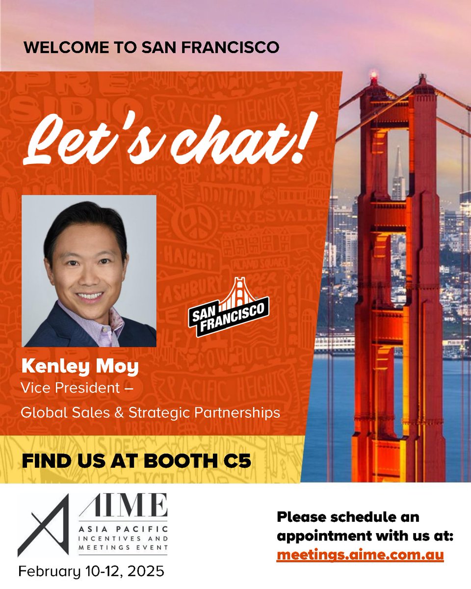 We can't wait to see you at <a href="/AIMEAsiaPacific/">AIME</a> 2025 in Melbourne! 🇦🇺✨

February 10–12.

📅 Schedule your appointment now with Kenley or swing by Booth #C5 to learn more about planning your next event in San Francisco. bit.ly/3COIFGF