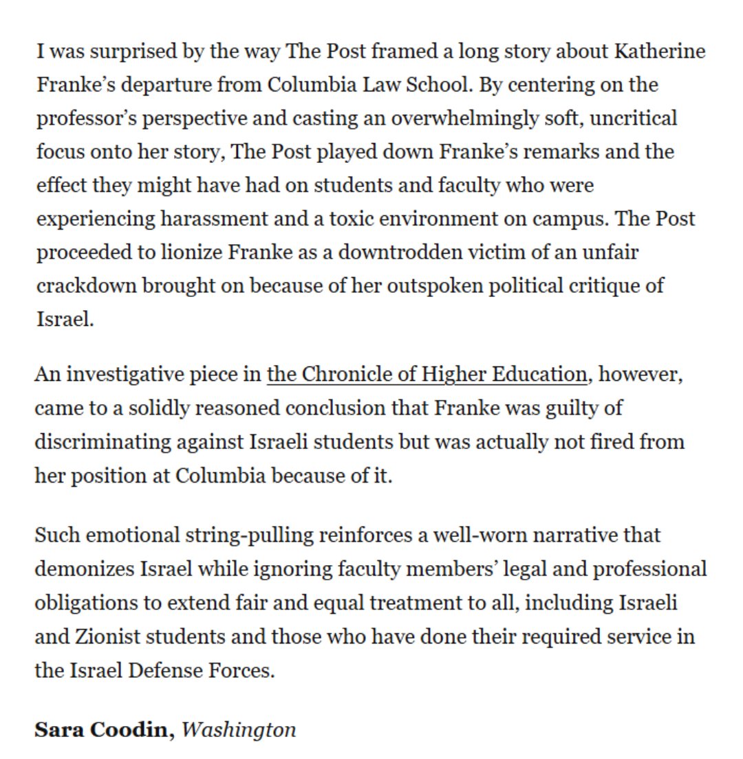 AJCGlobal's tweet photo. The @WashingtonPost’s coverage of Katherine Franke’s departure from Columbia Law lacked balance, portraying her as a victim while downplaying her discrimination against Israeli students.

In a letter to the editor, AJC’s Sara Coodin argues that this kind of one-sided reporting fuels a narrative that vilifies Israel while ignoring faculty obligations to treat all students fairly, including Israelis and Zionists.
https://t.co/rk5IwPR4dj