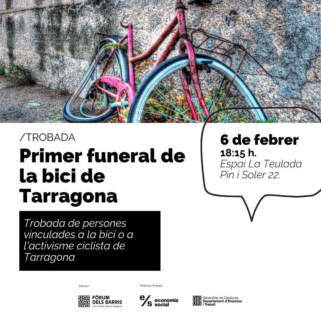 <a href="/TGNAjuntament/">Ajuntament de Tarragona</a> <a href="/bicicamp/">BiciCamp</a> <a href="/FEMBiciCat/">FEMBiciCat</a> <a href="/viureenbici/">viureenbici</a> <a href="/martisoriano/">Martí Soriano</a> <a href="/CiudadesCaminan/">Ciudades que Caminan</a> <a href="/ConBici/">Coordinadora ConBici</a> Demà al nostre local ens trobarem per plorar aquesta i altres defuncions de la bici, però procurarem també celebrar les seves vides, que no comencen ni acaben tan sols amb la infraestructura. La invitació és oberta a tots els que l'estimeu. Us hi esperem!