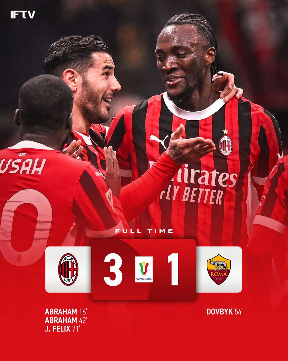 Great day for Milan fans 🔴⚫️

✅ Joao Felix debut goal
✅ Gimenez debut assist
✅ Tammy brace
✅ Advanced to next round of Coppa Italia

They will play either Inter or Lazio next!