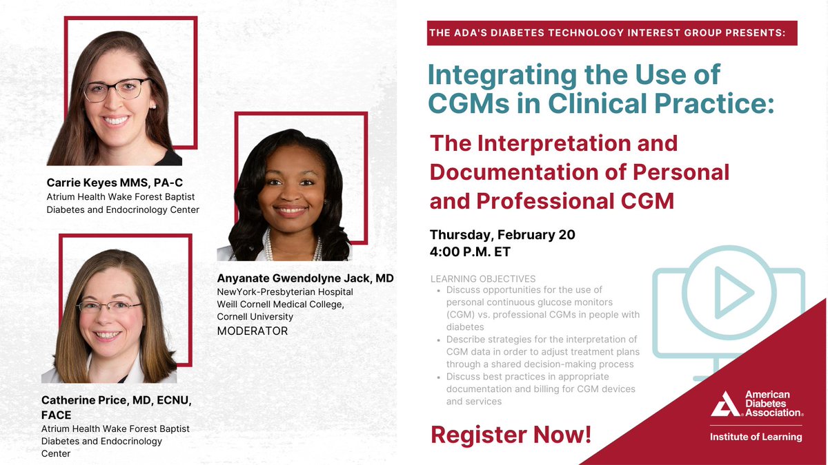 American Diabetes Association - DiabetesPro (@ada_diabetespro) on Twitter photo Join the ADA on Feb 20, 4:00 PM ET & Learn how to interpret CGM data, optimize treatment plans, & master documentation & billing from experts Catherine Price, MD, ECNU, FACE <a href="/Wake_Endocrine/">Catherine Price, MD, ECNU, FACE</a>, Carrie Keyes, PA-C, & Anyanate Gwendolyne Jack, MD. Register here bit.ly/3WG9S59 Join the ADA on Feb 20, 4:00 PM ET & Learn how to interpret CGM data, optimize treatment plans, & master documentation & billing from experts Catherine Price, MD, ECNU, FACE <a href="/Wake_Endocrine/">Catherine Price, MD, ECNU, FACE</a>, Carrie Keyes, PA-C, & Anyanate Gwendolyne Jack, MD. Register here bit.ly/3WG9S59