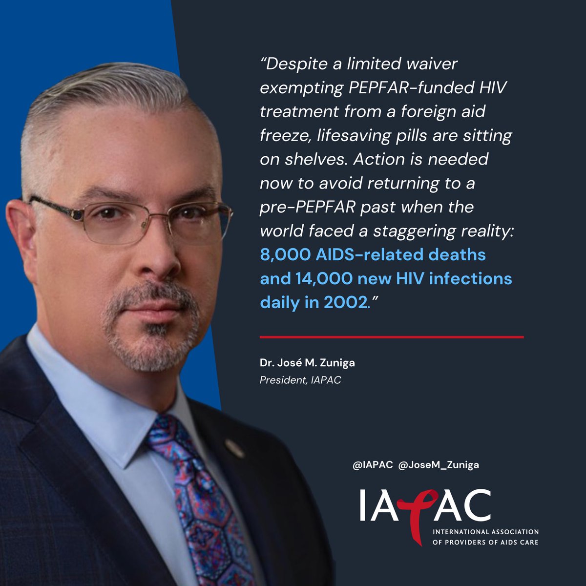 IAPAC's tweet photo. We continue to hear troubling reports that despite a waiver, the availability of @PEPFAR-funded #HIV treatment is still nonexistent in most countries. @JoseM_Zuniga warns about pre-#PEPFAR era rates of new infections (14,000) and #AIDS-related deaths (8,000) – DAILY. https://t.co/yqe2HofBMI