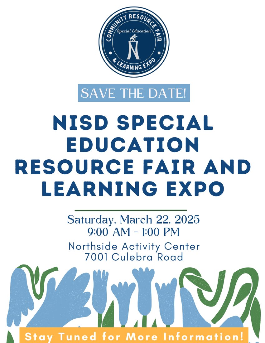 NISDSpecialEd's tweet image. ⭐️SAVE THE DATE for the NISD Community Resource Fair and Learning Expo. There will be 50+ vendors, a parent panel, door prizes, concessions, a sensory room, sessions on Medicaid and SSI, and much more! ⭐️ @NISD