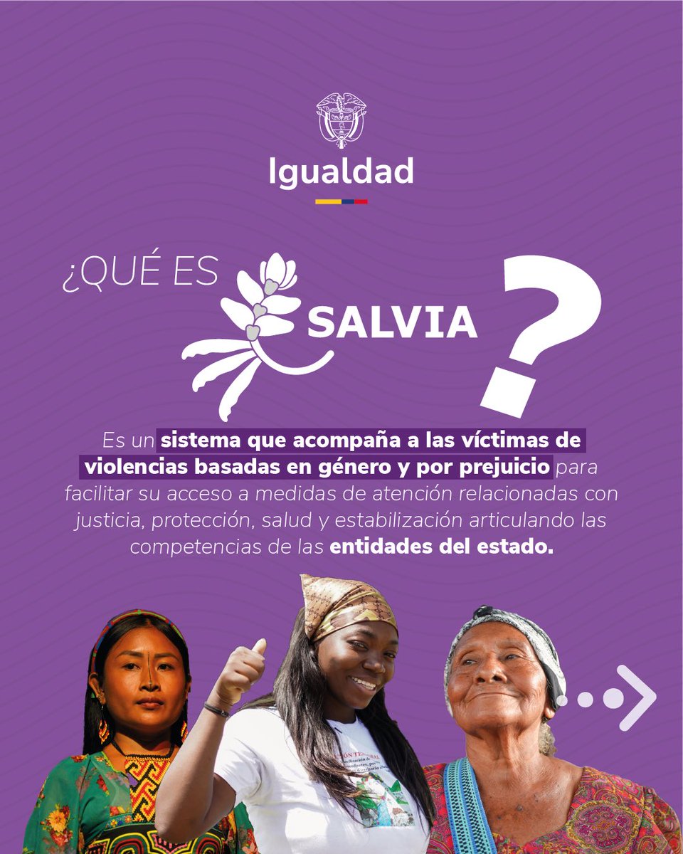 MinIgualdad_Col's tweet photo. 🪻¿Sabes qué es SALVIA? 🪻

SALVIA 🪻 es una estrategia del Gobierno Nacional para la prevención del feminicidio y la eliminación de las violencias basadas en género y por prejuicio. Está dirigido a todas las mujeres y personas LGBTIQ+ en sus diversidades, a mujeres en riesgo de feminicidio, a familiares de víctimas de feminicidio.

En SALVIA 🪻registraremos tu caso, te orientaremos y hacemos seguimiento para identificar y eliminar barreras en la ruta de atención integral.

Si te sientes atrapada en una situación de violencia, recuerda que no estás sola. Llama al 155 - SALVIA 🪻 donde encontrarás apoyo y orientación.

🤝 Estamos aquí para escucharte.
💜 Tu vida y bienestar es lo más importante.
📞 Llama al 155. Estamos contigo.
🔒 Confía, esta línea es confidencial.

��� Tu seguridad es prioridad. 🌸
