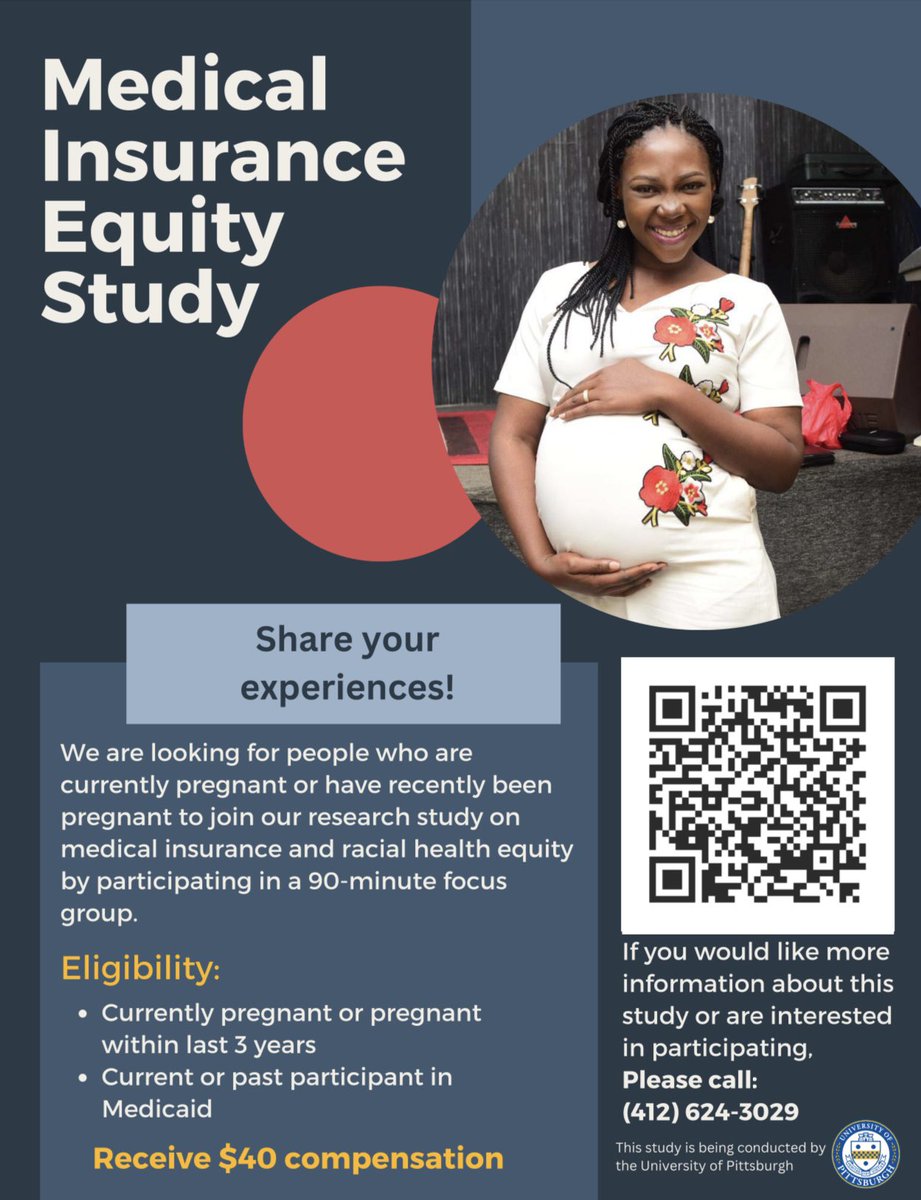 Medical Insurance Equity Study 📉

We are looking for people who are currently pregnant or have recently been pregnant to join our research study. 

If you would like more information about this study or are interested in participating, Please call: (412) 624-3029 📞.