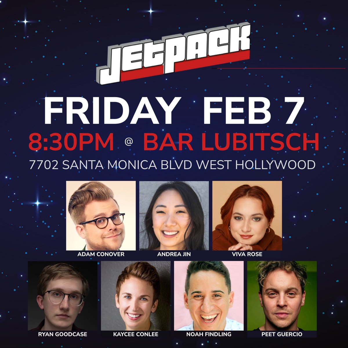 Jetpack Comedy (@jetpackcomedy) on Twitter photo This Friday: Adam Ruins Jetpack with a lineup of absolute assassins. Tickets already going fast.
See you at <a href="/BarLubitsch/">Bar Lubitsch</a>!
@PeetGuercio @ryangoodcase <a href="/andreajin_/">andrea☁️</a> @AdamConover <a href="/kayceeconlee/">Kaycee Conlee</a> <a href="/NoahBuiltTheARK/">Noah Findling</a>
Get tickets: jetbook.co/e/jetpack-come… This Friday: Adam Ruins Jetpack with a lineup of absolute assassins. Tickets already going fast.
See you at <a href="/BarLubitsch/">Bar Lubitsch</a>!
@PeetGuercio @ryangoodcase <a href="/andreajin_/">andrea☁️</a> @AdamConover <a href="/kayceeconlee/">Kaycee Conlee</a> <a href="/NoahBuiltTheARK/">Noah Findling</a>
Get tickets: jetbook.co/e/jetpack-come…
