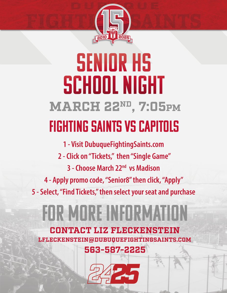 DBQ Senior school night at the Dubuque Fighting Saints on Saturday-March 22!