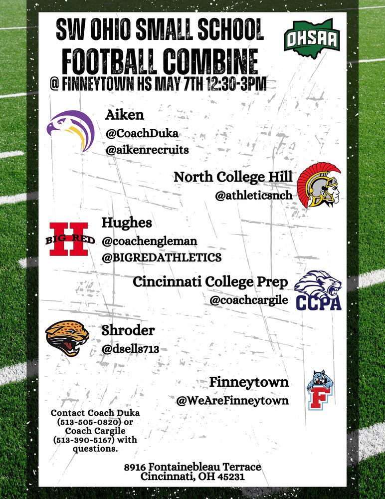 Coaches lock in the date, looking forward to another great combine. Lots of talent in these programs. See you soon ☔️☔️🤝
<a href="/yalluvdre/">Andre Underwood</a> <a href="/_jaydenharrison/">Jayden “Smiley” Harrison</a> <a href="/noukaba919/">Nouhan Kaba</a> 
<a href="/AikenRecruits/">Aiken Football</a> <a href="/MArdenLeonard/">Mike Leonard</a> <a href="/mlaughman/">Melanie Laughman</a> <a href="/MikeDyer/">Mike Dyer</a> <a href="/Mark__Porter/">ScoutingOhio.com - 247 Sports - Bucknuts</a> <a href="/JaredLuginbill/">Jared Luginbill</a> <a href="/iamcpsathletics/">IAMCPSATHLETICS</a>