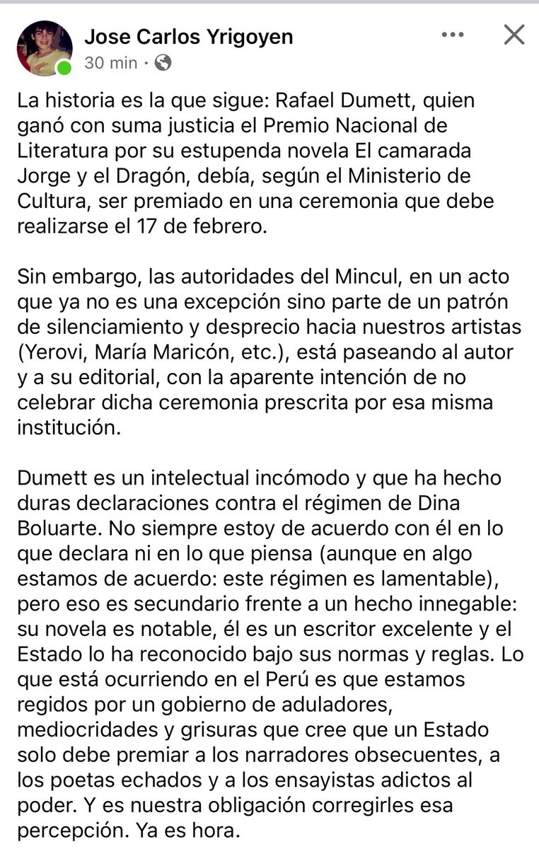 El crítico literario José Carlos Yrigoyen confirma las versiones sobre cómo el Ministerio de Cultura hace largas para programar la premiación de Rafael Dumett, por motivos políticos