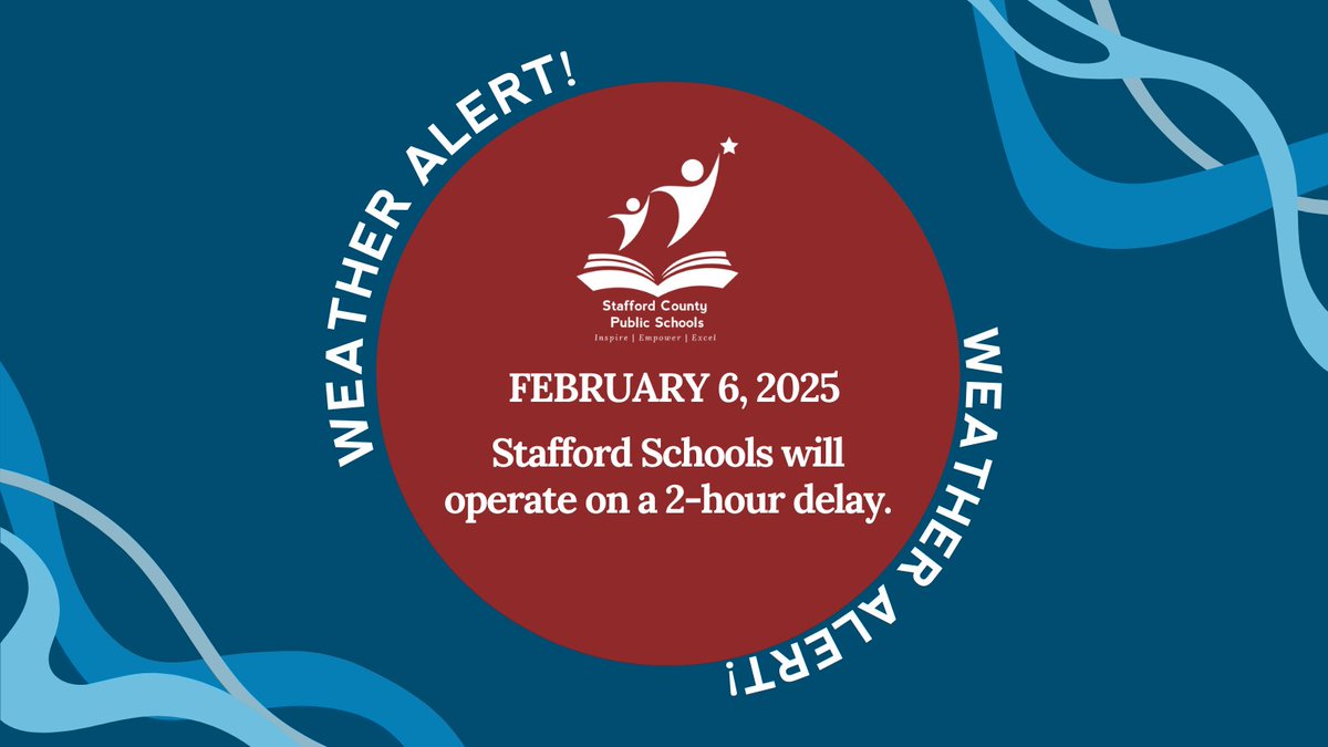 Stafford Schools operating on a 2-hour delay on Thursday, February 6.

---

Escuelas de Stafford operando con un retraso de dos horas el jueves, 6 de febrero