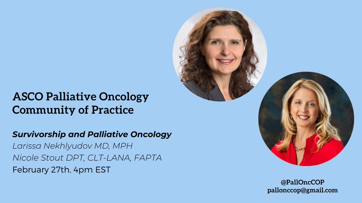ASCO PallOnc Community of Practice (@pallonccop) on Twitter photo Do you love all of the amazing #pallonc at #hapc25? Join us later this month for a joint #Zoom meeting with our #survonc colleagues <a href="/NicoleStoutPT/">Nicole L. Stout DPT, FAPTA</a> and <a href="/DrN_CancerPCP/">Larissa Nekhlyudov</a> on Thursday Feb 27th at 4p EST.
<a href="/Chaosdyna/">Tingting Zhang</a>
<a href="/mondhiry/">Jafar Al-Mondhiry, MD, MA</a>
<a href="/realbowtiedoc/">Dr Joseph McCollom DO</a>
<a href="/crisbergerot/">Cristiane D Bergerot</a>
<a href="/GretchenMcnally/">Gretchen A. McNally PhD MPH 🤩(she/her)</a> Do you love all of the amazing #pallonc at #hapc25? Join us later this month for a joint #Zoom meeting with our #survonc colleagues <a href="/NicoleStoutPT/">Nicole L. Stout DPT, FAPTA</a> and <a href="/DrN_CancerPCP/">Larissa Nekhlyudov</a> on Thursday Feb 27th at 4p EST.
<a href="/Chaosdyna/">Tingting Zhang</a>
<a href="/mondhiry/">Jafar Al-Mondhiry, MD, MA</a>
<a href="/realbowtiedoc/">Dr Joseph McCollom DO</a>
<a href="/crisbergerot/">Cristiane D Bergerot</a>
<a href="/GretchenMcnally/">Gretchen A. McNally PhD MPH 🤩(she/her)</a>