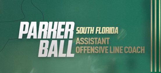 Parker Ball (@parker_ball1) on Twitter photo Excited to be joining the staff at <a href="/USFFootball/">USF Football</a> ! Let’s get to work!
<a href="/CoachGolesh/">Alex Golesh</a> <a href="/CoachHoodie/">Tyler Hudanick</a>
#ComeToTheBay 🤘🏼 Excited to be joining the staff at <a href="/USFFootball/">USF Football</a> ! Let’s get to work!
<a href="/CoachGolesh/">Alex Golesh</a> <a href="/CoachHoodie/">Tyler Hudanick</a>
#ComeToTheBay 🤘🏼