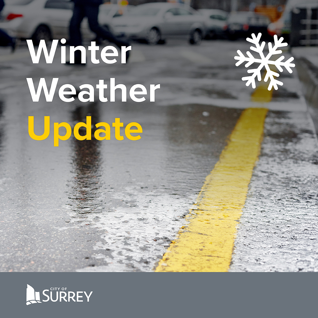 Heads up, Surrey! We are expecting snow flurries late afternoon through tonight. Stay alert for changing conditions.

⚠️ Roads may be slippery—allow extra travel time and drive with care.
👷 Crews are prepared and working to keep roads safe. 

Learn more: surrey.ca/snow