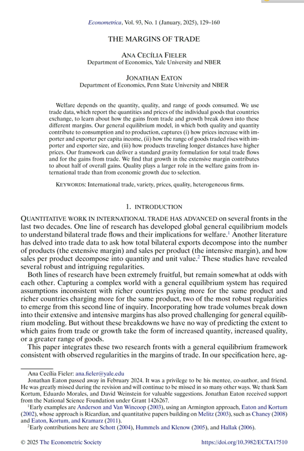 int_mon_econ's tweet photo. Worth reading!

"The Margins of Trade" by Fieler and Eaton

"Welfare depends on the quantity, quality, and range of goods consumed. We use trade data...to learn about how the gains from trade and growth break down into these different margins."

https://t.co/Hb8ykfuMGm https://t.co/bULEzacDQa