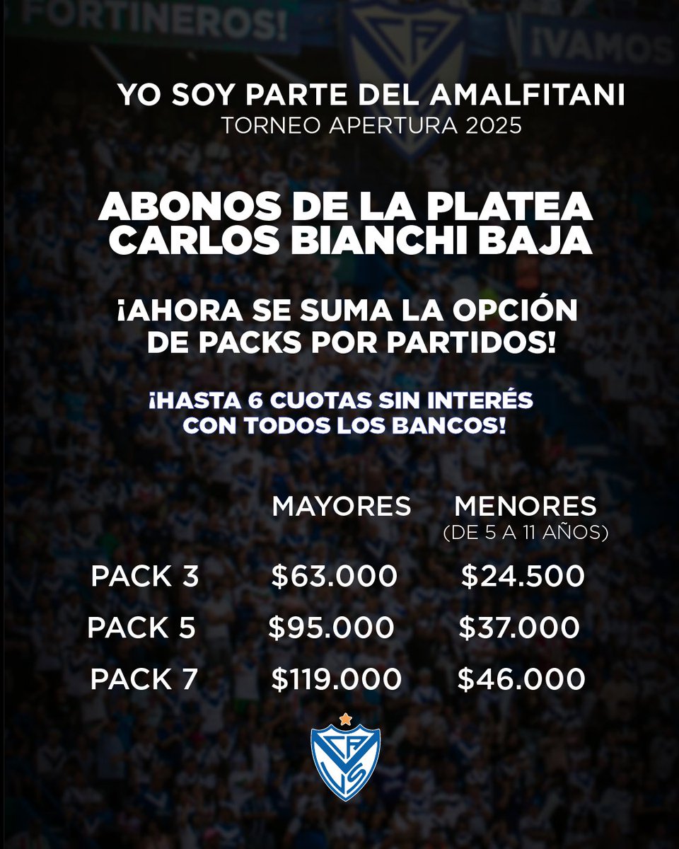 Velez's tweet photo. ¡A seguir acompañando al Fortin!

Porque escuchamos el pedido de los socios que quieren alentar a nuestro equipo desde una de las mejores plateas del fútbol argentino, ampliamos las facilidades para adquirir tu localidad en la Bianchi Baja, con nuevas y mejores propuestas, principalmente asumiendo el costo financiero de 6 CUOTAS SIN INTERÉS CON TODAS LAS TARJETAS DE CRÉDITO.

Desde mañana a las 12 del mediodía vas a poder adquirir tu abono o tu pack con estos beneficios.

¡Ahora más que nunca, sigamos unidos, alentando al campeón!

Comisión Directiva del Club Atlético Vélez Sarsfield.