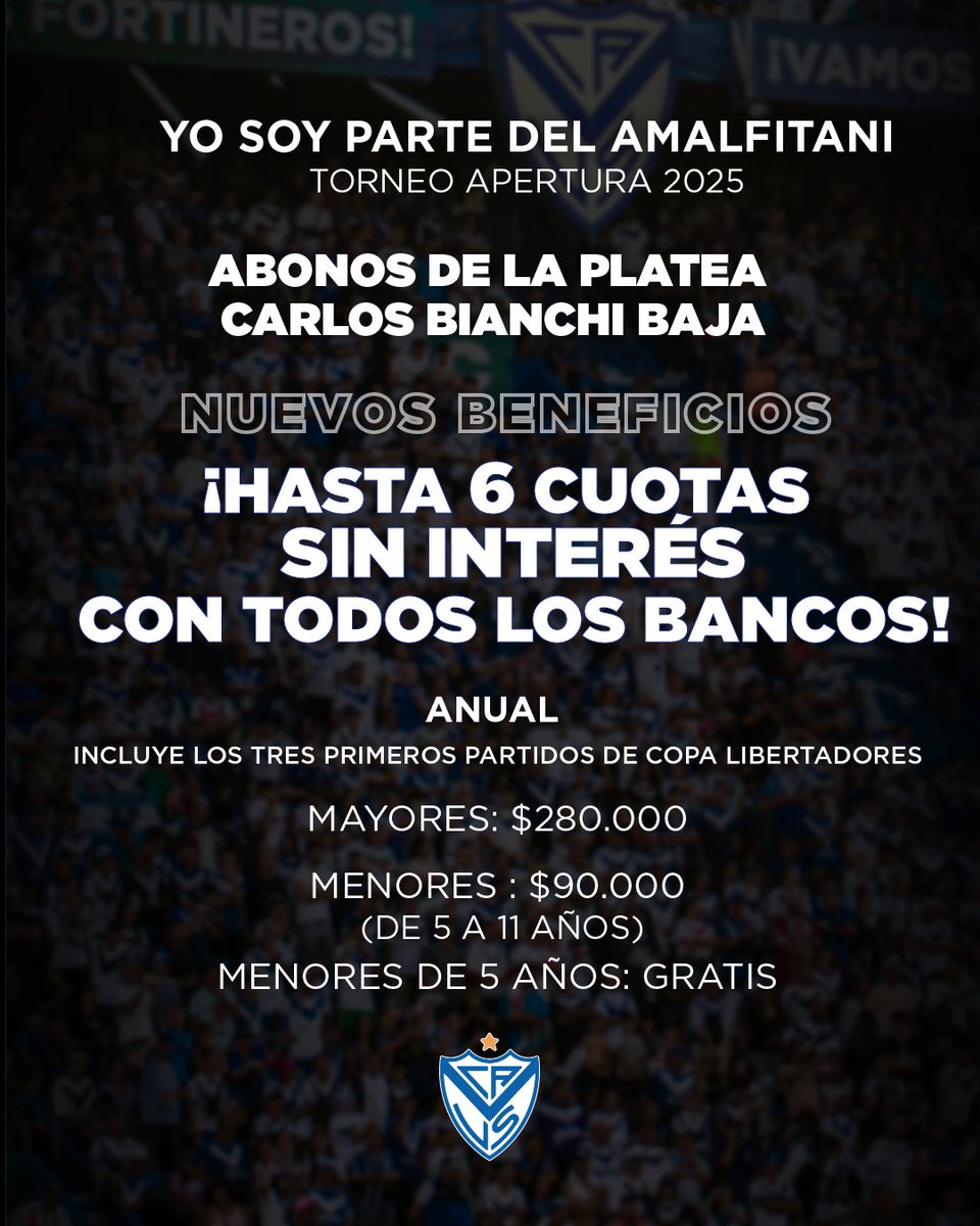 Velez's tweet photo. ¡A seguir acompañando al Fortin!

Porque escuchamos el pedido de los socios que quieren alentar a nuestro equipo desde una de las mejores plateas del fútbol argentino, ampliamos las facilidades para adquirir tu localidad en la Bianchi Baja, con nuevas y mejores propuestas, principalmente asumiendo el costo financiero de 6 CUOTAS SIN INTERÉS CON TODAS LAS TARJETAS DE CRÉDITO.

Desde mañana a las 12 del mediodía vas a poder adquirir tu abono o tu pack con estos beneficios.

¡Ahora más que nunca, sigamos unidos, alentando al campeón!

Comisión Directiva del Club Atlético Vélez Sarsfield.