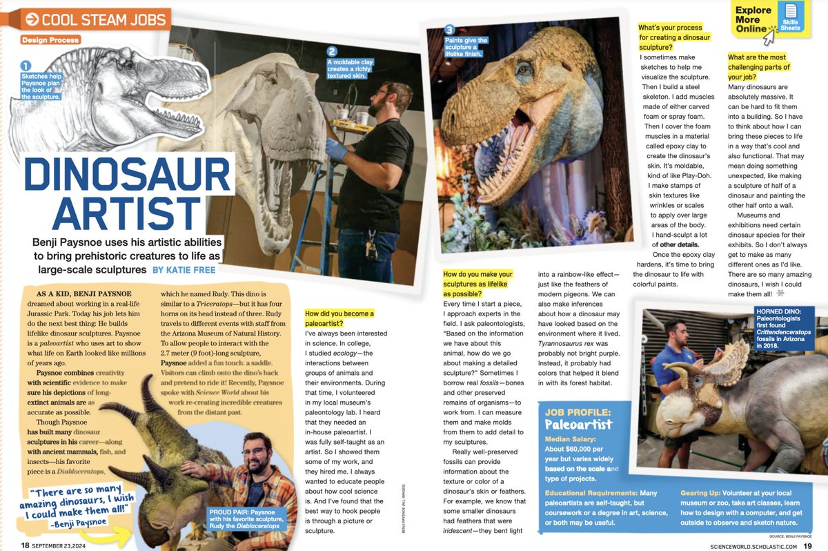 benjiopteryx's tweet image. Last year I had the pleasure to interview with Scholastic Science World for their "Cool Steam Jobs" featurette. I'm very excited to share the splash page talking about my experience working with scientific experts and industry partners to bring dinosaurs back to life!