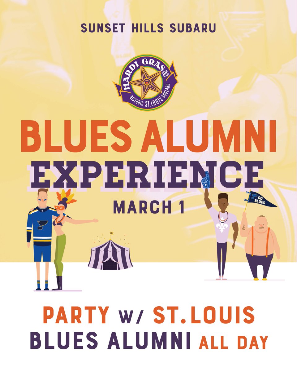 Soulard Mardi Gras (@stlmardigras) on Twitter photo Mardi Gras + Blues Alumni. What could be better? 🏒
Soulard Mardi Gras is our city's biggest party, and YOU can spend parade day with Blues alumni players at the Sunset Hills Subaru Blues Alumni Experience Tent!
Get tickets at stlmardigras.org/events/blues-a… 🏒 <a href="/bluesalumni/">Blues Alumni</a> #stlblues Mardi Gras + Blues Alumni. What could be better? 🏒
Soulard Mardi Gras is our city's biggest party, and YOU can spend parade day with Blues alumni players at the Sunset Hills Subaru Blues Alumni Experience Tent!
Get tickets at stlmardigras.org/events/blues-a… 🏒 <a href="/bluesalumni/">Blues Alumni</a> #stlblues