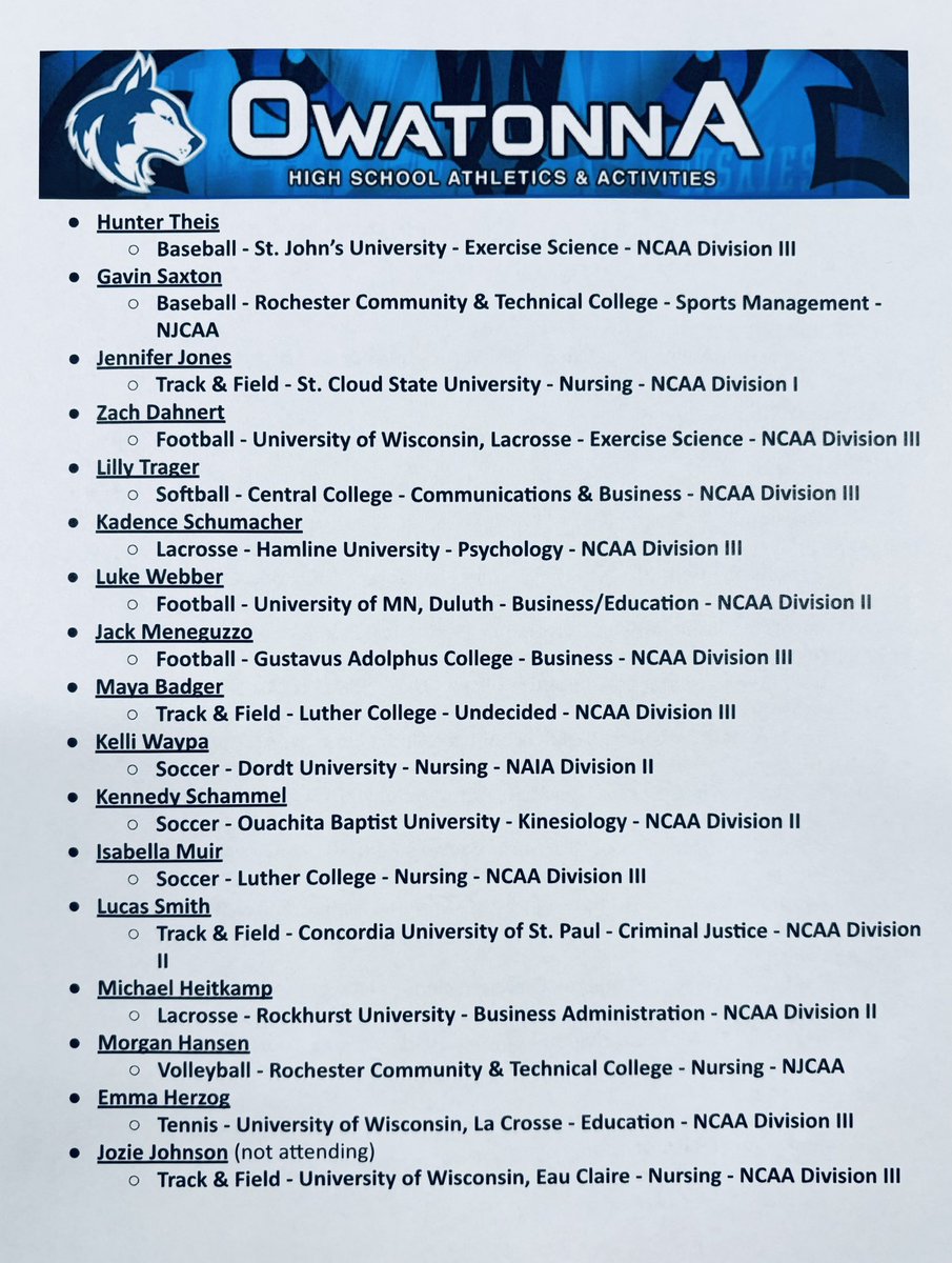 Activities Director (@owatonnahuskies) on Twitter photo Congratulations to our Owatonna High School student-athletes that committed to continue their academic & athletic careers at the collegiate level. An incredible accomplishment & goal achieved! #owatonnaproud <a href="/ohsoffice/">Owatonna High School</a> <a href="/ohsmagnet/">OHS MAGNET</a> <a href="/OPP__Sports/">OPP Sports</a> <a href="/voiceofohs/">Roy Koenigsberg</a> <a href="/SteeleC_Times/">Steele County Times</a> Congratulations to our Owatonna High School student-athletes that committed to continue their academic & athletic careers at the collegiate level. An incredible accomplishment & goal achieved! #owatonnaproud <a href="/ohsoffice/">Owatonna High School</a> <a href="/ohsmagnet/">OHS MAGNET</a> <a href="/OPP__Sports/">OPP Sports</a> <a href="/voiceofohs/">Roy Koenigsberg</a> <a href="/SteeleC_Times/">Steele County Times</a>