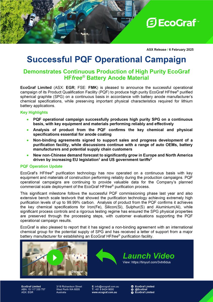 EcoGraf's tweet image. EcoGraf ASX: $EGR FSE: $FMK is pleased to announce the successful operational campaign of its #PQF to produce high purity EcoGraf #HFfree® purified #SPG on a continuous basis in accordance with battery anode manufacturer’s chemical specifications.

Video &amp;gt; tinyurl.com/3vtn6dus