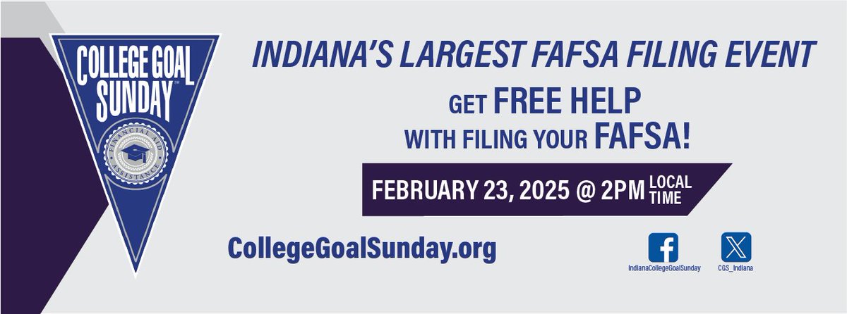CGS_Indiana's tweet image. Indiana&apos;s largest #FAFSA filing event is Sunday 2/23 from 2-4pm (local time) at 39 locations across the state. CollegeGoalSunday.org has all the information you need! #ExpertHelp 

@indystar @WTHRDesk @WTHRcom @93wibc @WISH_TV @CBS4Indy @RTV6Desk @FOX59 @wfiu @WNIN @IIB @wfyi…