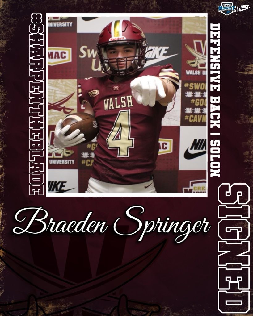 Walsh Football (@walshufootball) on Twitter photo Welcome to Canton, <a href="/SpringerBraeden/">Braeden Springer</a> !
🏠 Solon, OH
🏫 Solon High School
🏈 Defensive Back
#ChaseTheLion ⚔️ Welcome to Canton, <a href="/SpringerBraeden/">Braeden Springer</a> !
🏠 Solon, OH
🏫 Solon High School
🏈 Defensive Back
#ChaseTheLion ⚔️