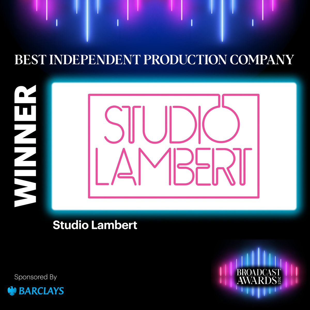 Broadcast Awards (@broadcastawards) on Twitter photo Our final award is for Best Independent Production Company (sponsored by <a href="/BarclaysUK/">Barclays UK</a>) and the winner is: @StudioLambert #BA2025 Our final award is for Best Independent Production Company (sponsored by <a href="/BarclaysUK/">Barclays UK</a>) and the winner is: @StudioLambert #BA2025