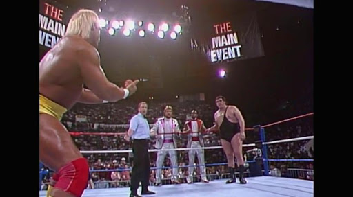landofthe80s's tweet photo. On this date in 1988 Andre the Giant defeated @hulkhogan for the WWF heavyweight title on an episode of "The Main Event" with the assistance of @MDMTedDiBiase who paid off referee Earl Hebner. #80s #80swrestling https://t.co/Qz5mxKCuIp