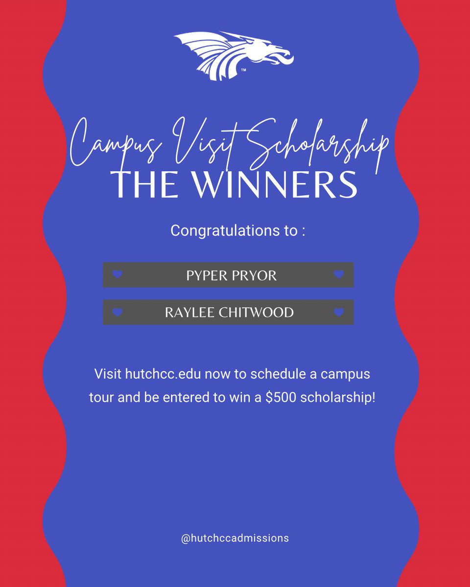 🎉Congratulations Pyper and Raylee! 🎉

They each came for a campus visit in January and won a $500 scholarship to HutchCC. 

Want a chance to win? Schedule a campus visit.  We draw TWO lucky winners at the end of each month. Book your tour now at hutchcc.edu/visit-tour!