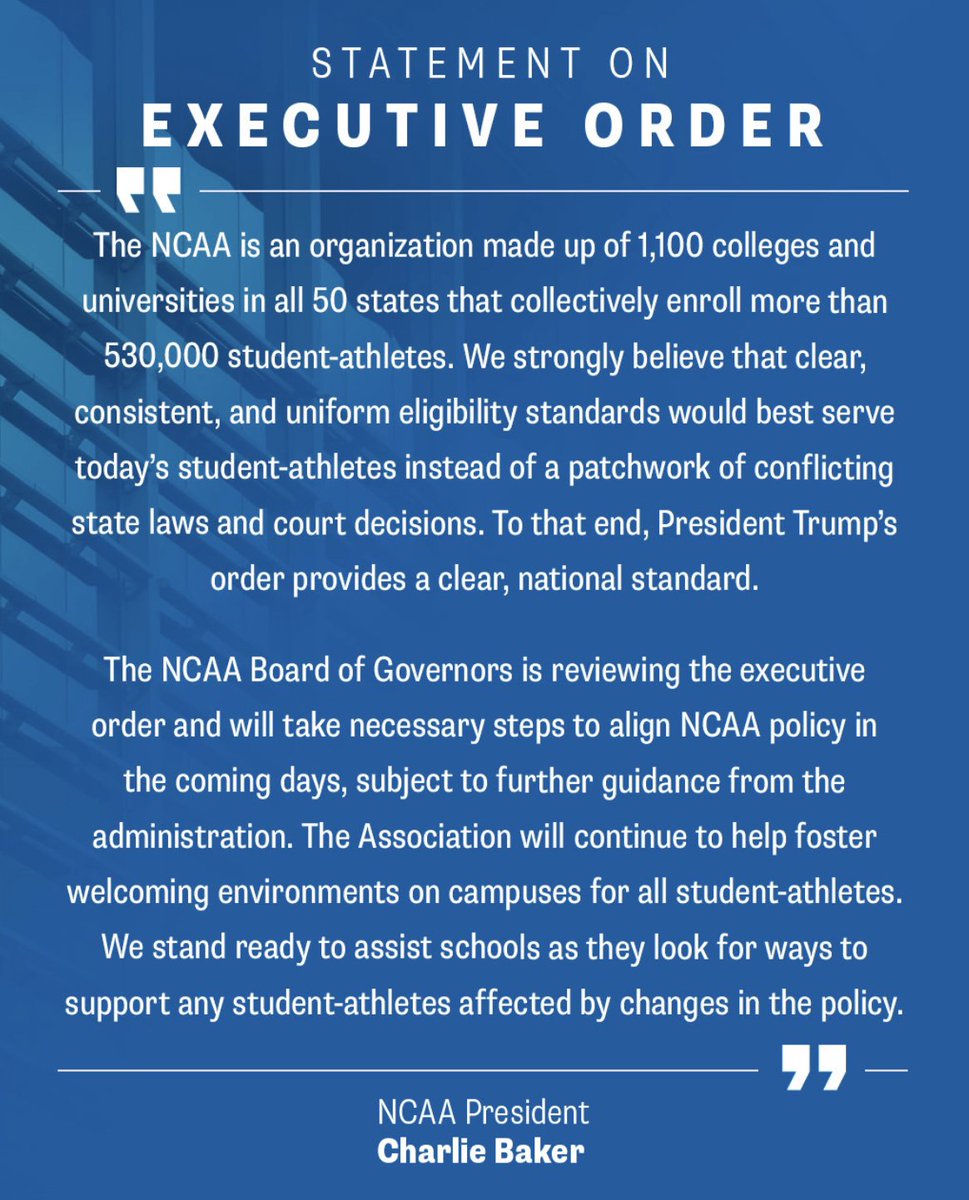 The NCAA is aligning its transgender policy with the new executive order that president Donald Trump signed Wednesday. The order bans trans athletes from competing in women’s sports. The NCAA had permitted, under certain circumstances, trans athletes to compete with women.