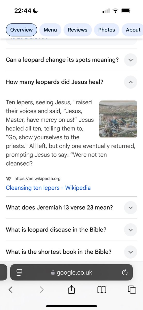 richsmith's tweet photo. Interesting @Google I don’t know how many Leopards Jesus healed, I mean he could, maybe He did, but I think you mean lepers. https://t.co/Iz18VNEVFf