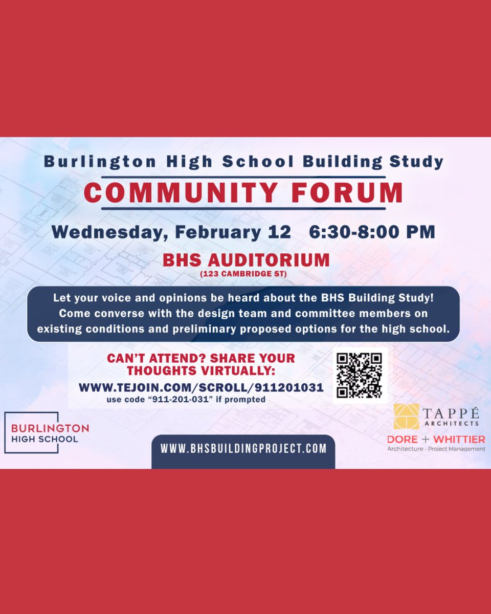 There will be a community forum next Wednesday (2/12) on the Burlington High School Building Study in the BHS auditorium from 6:30-8PM. 

To learn more about this project, please visit: bhsbuildingproject.com 
#burlingtonma