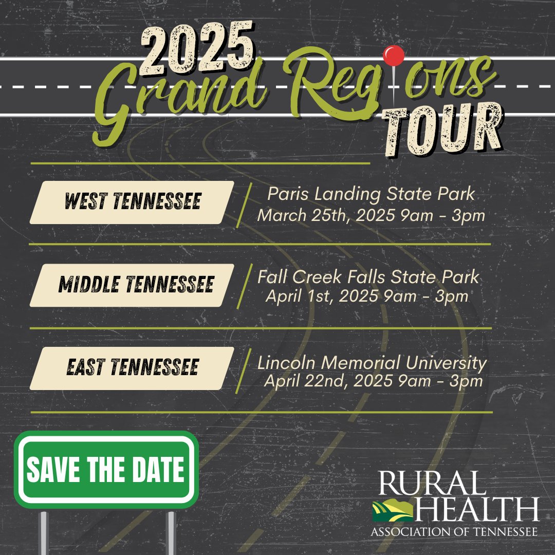 Save the date! The Rural Health Association of Tennessee invites you to join us in 2025 Grand Regions Tour. These events are perfect for healthcare providers, educators, advocates, and anyone passionate about rural health. tr.ee/GrandRegionsTo…