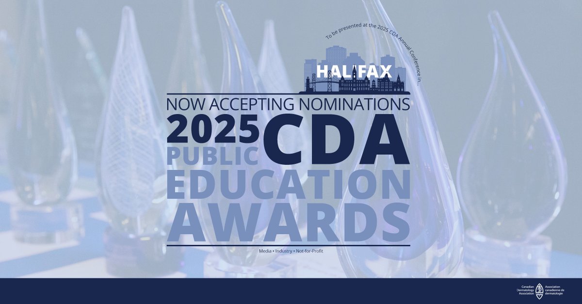📣 The CDA Public Education Awards are open for nominations which are offered in three categories: 

▪ 📺 Media 
▪ 🧪 Industry 
▪ 🤝 Not-for-profit  

Learn more about these awards by checking out the Public Education Awards page at: dermatology.ca/public-educati… #CDAAwards