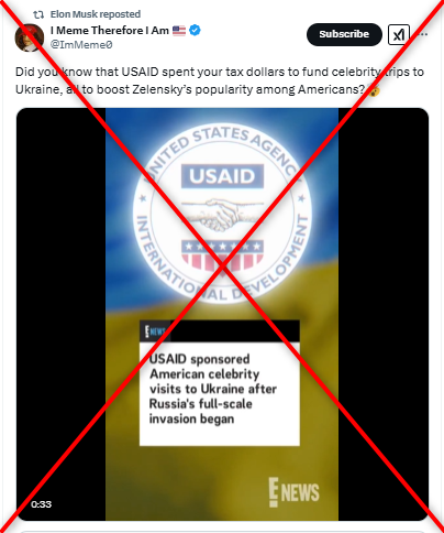 billdmccarthy's tweet photo. An E! News spokesperson tells me this video Elon Musk amplified -- which purports to show E! News reporting that USAID paid celebrities to visit Ukraine's Volodymyr Zelensky -- "is not authentic and did not originate from E! News." Actor Ben Stiller also posted that it is false. https://t.co/JXC7HNLjwd