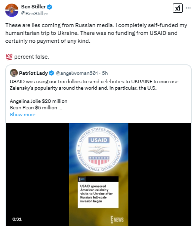 An E! News spokesperson tells me this video Elon Musk amplified -- which purports to show E! News reporting that USAID paid celebrities to visit Ukraine's Volodymyr Zelensky -- "is not authentic and did not originate from E! News." Actor Ben Stiller also posted that it is false.
