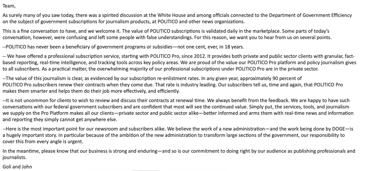 <a href="/Liam_A_Reilly/">Liam</a> Here's the complete memo separating fact from fiction about Politico. Yes, government agencies subscribe to its pro service, just like corporations do. "The value of this journalism is clear, as evidenced by our subscription re-enlistment rates." More here: