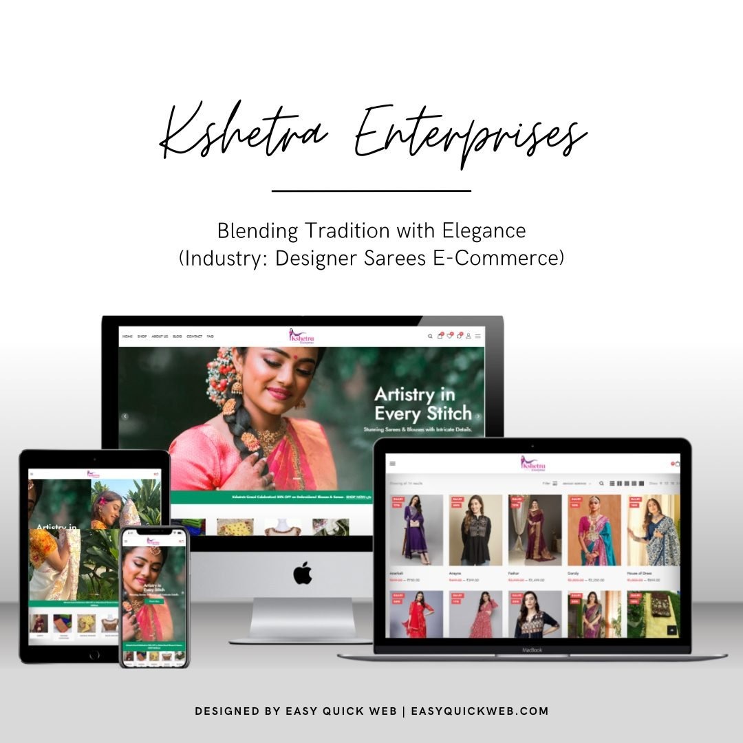 EasyQuickWeb's tweet image. ✨ Transforming Designer Sarees E-commerce!
We helped Kshetra Enterprises boost sales with a sleek, mobile-friendly, SEO-optimized site for their stunning sarees.
📞 +91 81424 45122 | ✉️ info@easyquickweb.com
#Ecommerce #WebDesign #DesignerSarees #Hyderabad