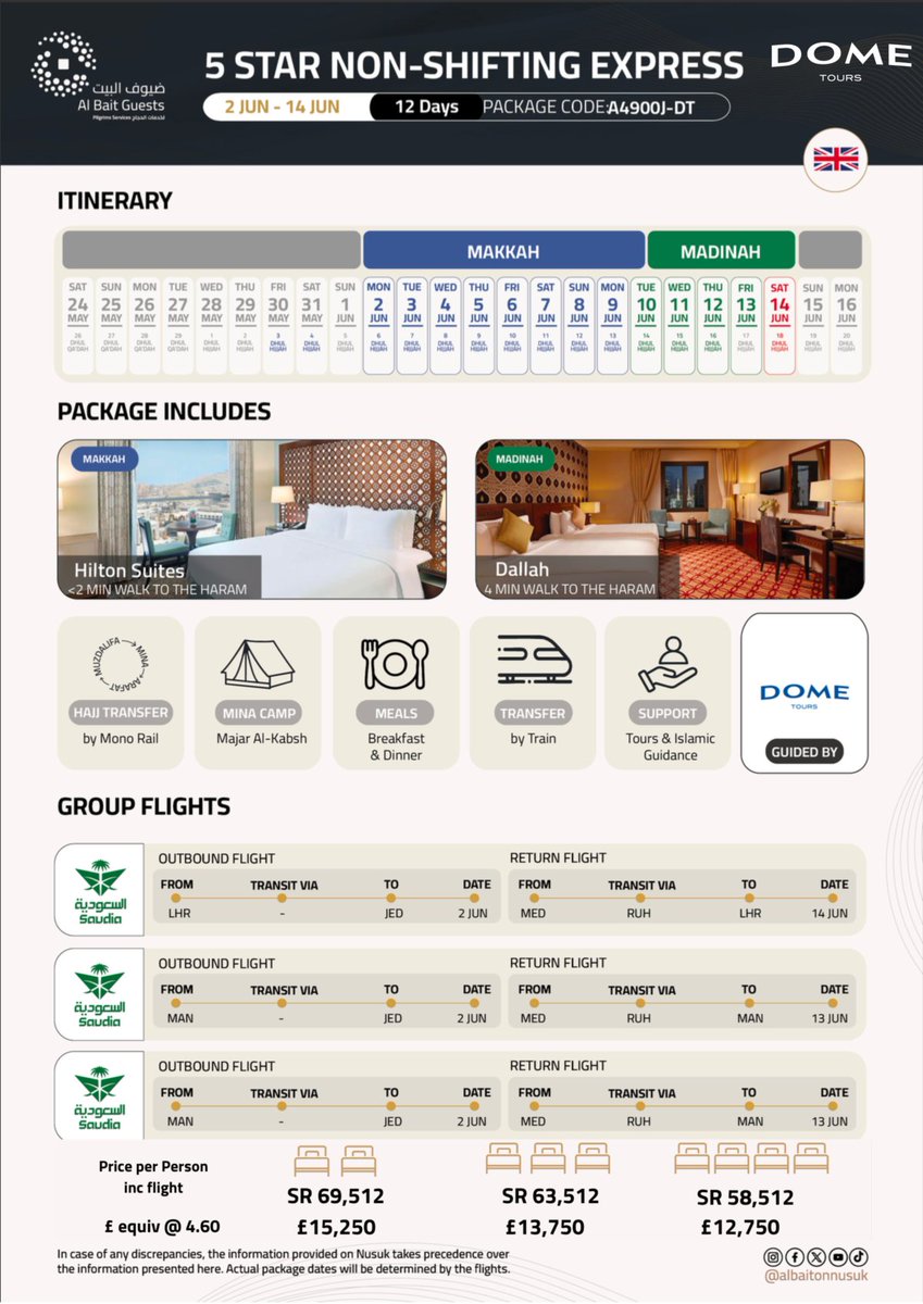 dometours's tweet photo. The moment you've been awaiting is here - the unveiling of the Hajj prices for this year's pilgrimage! Embark on a spiritual journey like no other with Dome Tours. View our Hajj package brochure here: https://t.co/fLoeF32ram https://t.co/BLf4ohIqGs